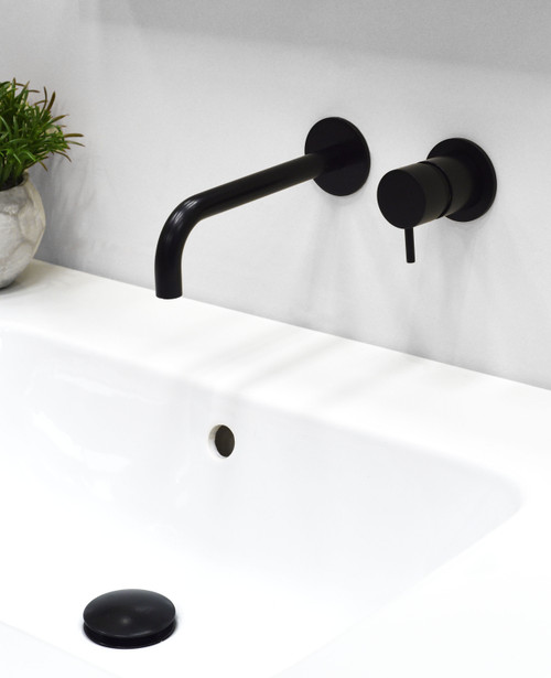 Flow Nero 2-hole wall mounted basin mixer round flanges 190mm spout satin black