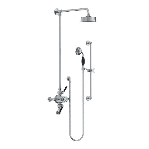 Lefroy Brooks Mackintosh black dual control thermostatic valve with riser, 6" rose & hand shower on sliding rail Lefroy Brooks Mackintosh black dual control thermostatic valve with riser, 6" rose & hand shower on sliding rail