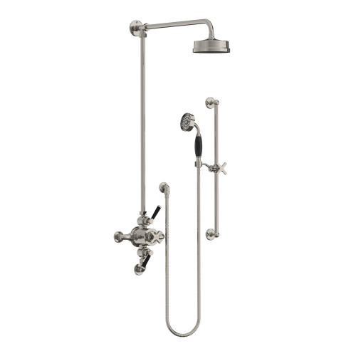 Lefroy Brooks Mackintosh black dual control thermostatic valve with riser, 6" rose & hand shower on sliding rail Lefroy Brooks Mackintosh black dual control thermostatic valve with riser, 6" rose & hand shower on sliding rail