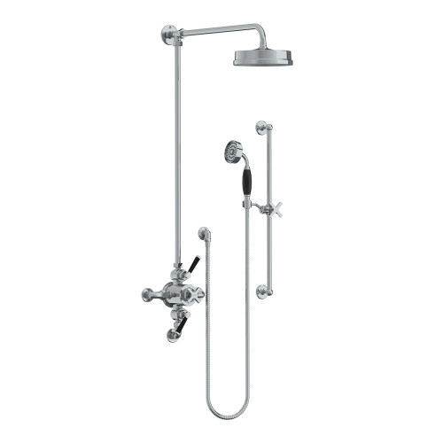 Lefroy Brooks Mackintosh black dual control thermostatic valve with riser, 8" rose & hand shower on sliding rail Lefroy Brooks Mackintosh black dual control thermostatic valve with riser, 8" rose & hand shower on sliding rail