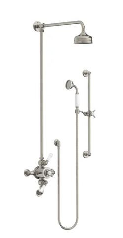 Lefroy Brooks Classic dual control thermostatic valve with riser, 5" rose & hand shower on sliding rail