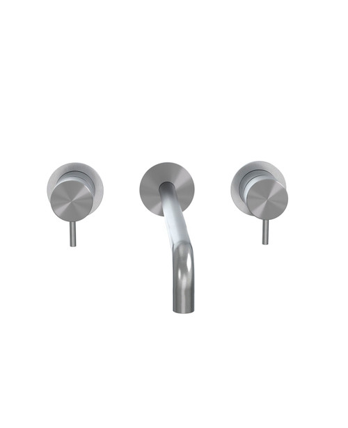 Flow Stainless Steel 3-hole wall mounted basin mixer round flanges 190mm spout brushed steel