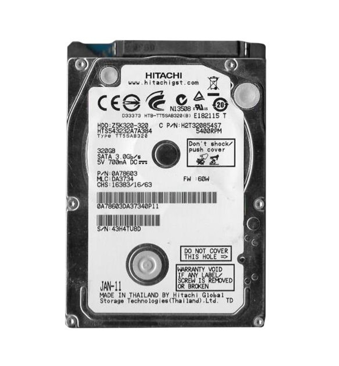 0A78603 | HITACHI | TRAVELSTAR 320GB 5400RPM SATA 3GB/S 8MB CACHE 7MM 2.5-INCH HARD DRIVE