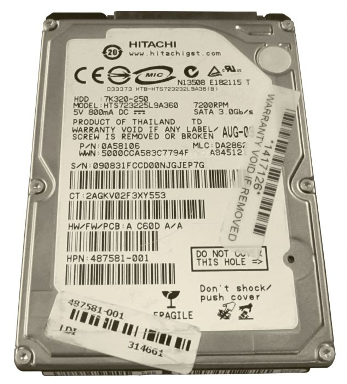 487581-001 | HP | 250GB 7200RPM SATA 3GB/s 2.5-inch Hard Drive