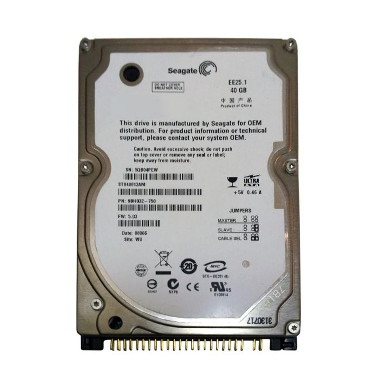 9BH032-750 | SEAGATE | EE25 SERIES 40GB 5400RPM ATA-100 8MB CACHE 2.5-INCH HARD DRIVE
