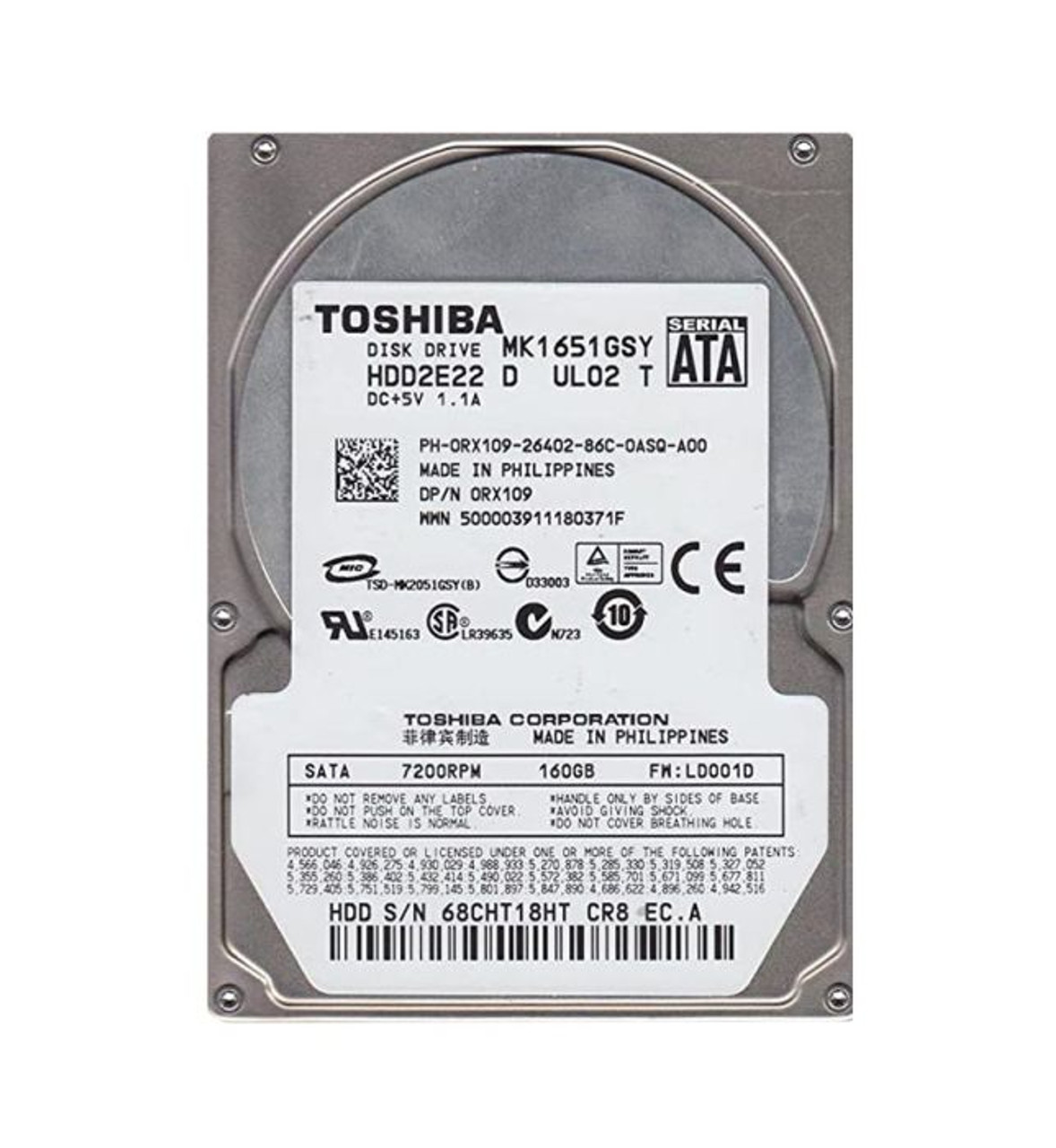 HDD2E22 | TOSHIBA | MK1651GSY 160 GB 2.5 PLUG-IN MODULE HARD DRIVE SATA/300 7200 RPM 16 MB BUFFER HOT SWAPPABLE