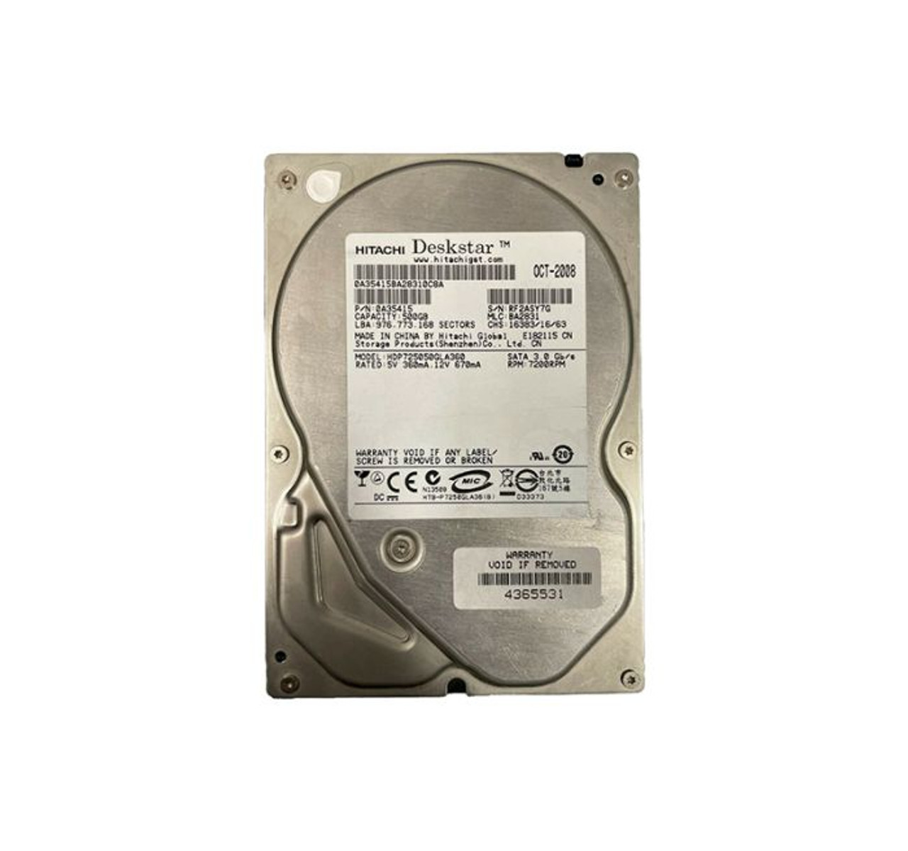 HDP725050GLA360 | HITACHI | DESKSTAR P7K500 500GB 7200RPM SATA 3GB/S 16MB CACHE 3.5-INCH HARD DRIVE