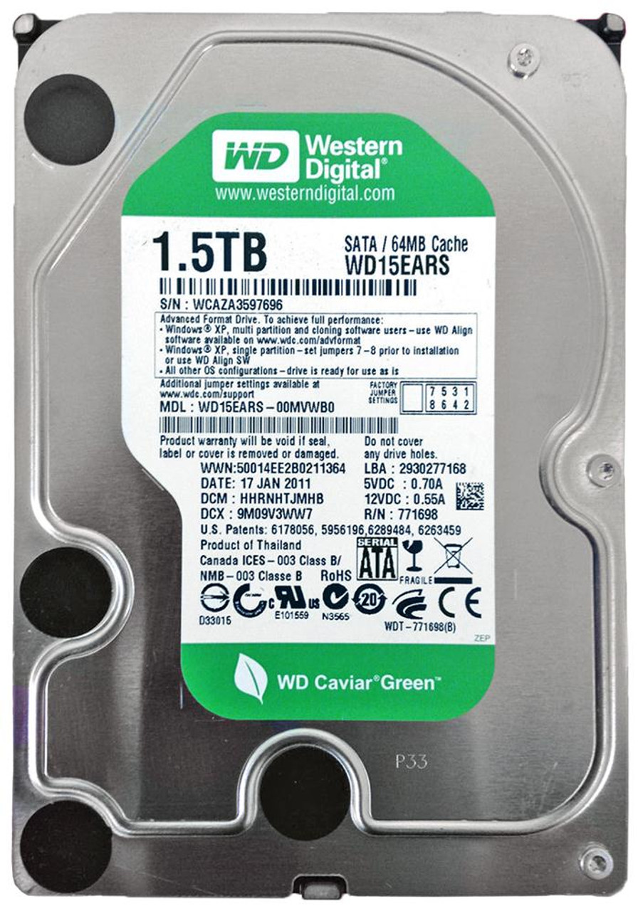 WD15EARS | WESTERN DIGITAL | Caviar Green 1.5Tb 5400Rpm Sata 3Gb/S 64Mb Cache 3.5-Inch Hard Drive