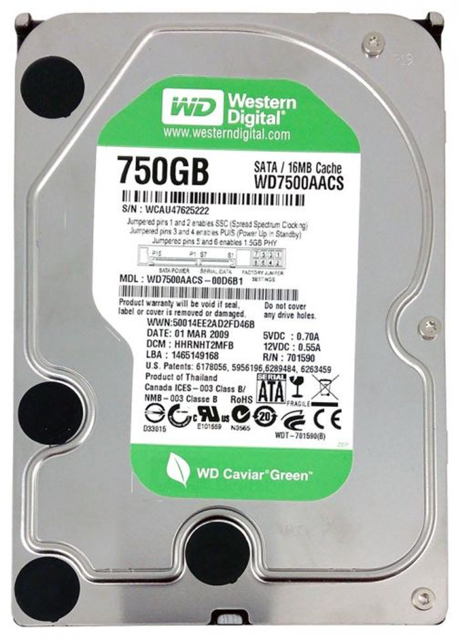 WD7500AACS-00D6B1 | Western Digital | Caviar Green 750GB 7200RPM SATA 3GB/s 16MB Cache 3.5-inch Hard Drive
