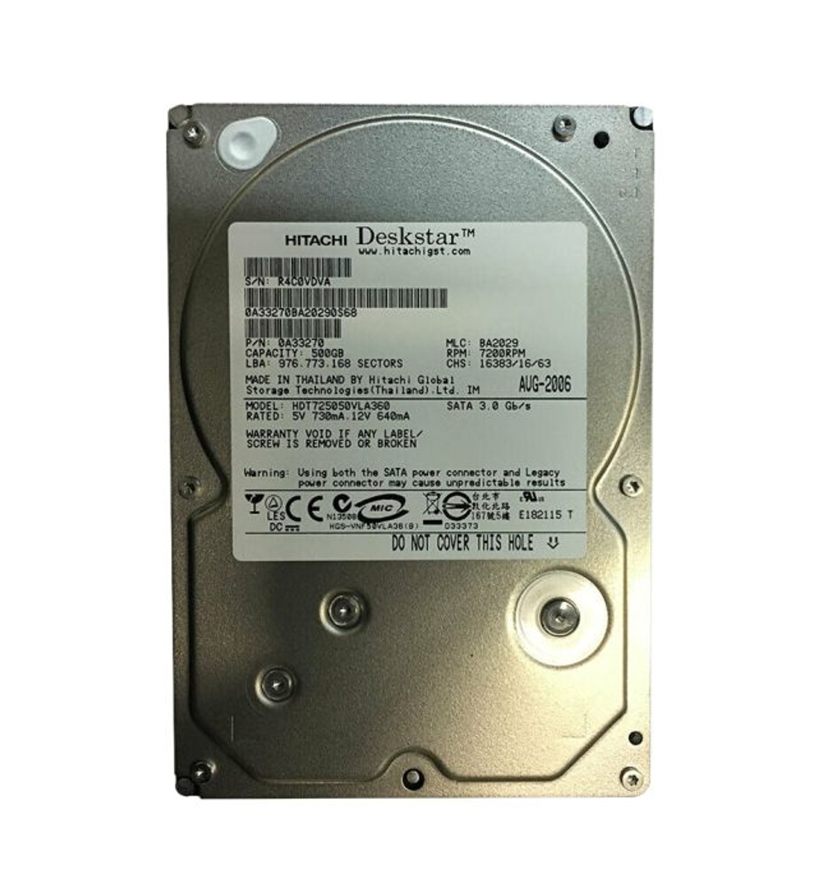 HDT725050VLA360 | HITACHI | Deskstar T7K500 Series 500Gb 7200Rpm Sata 3Gb/S 16Mb Cache 3.5-Inch Hard Drive