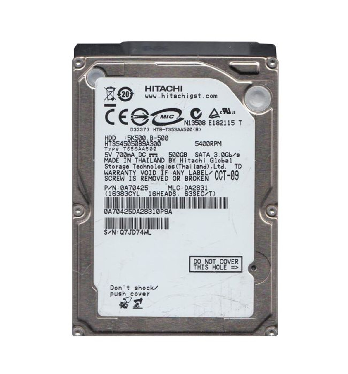 0A70425 | HITACHI | TRAVELSTAR 5K500.B SERIES 500GB 5400RPM SATA 3GB/S 8MB CACHE 2.5-INCH HARD DRIVE