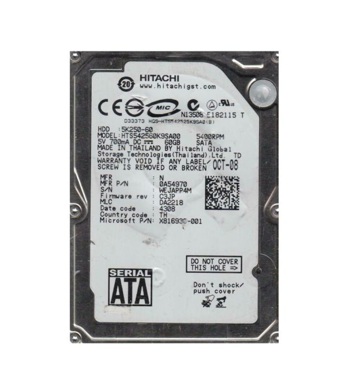 0A54970 | HITACHI | TRAVELSTAR 5K250 SERIES 60GB 5400RPM SATA 1.5GB/S 8MB CACHE 2.5-INCH HARD DRIVE