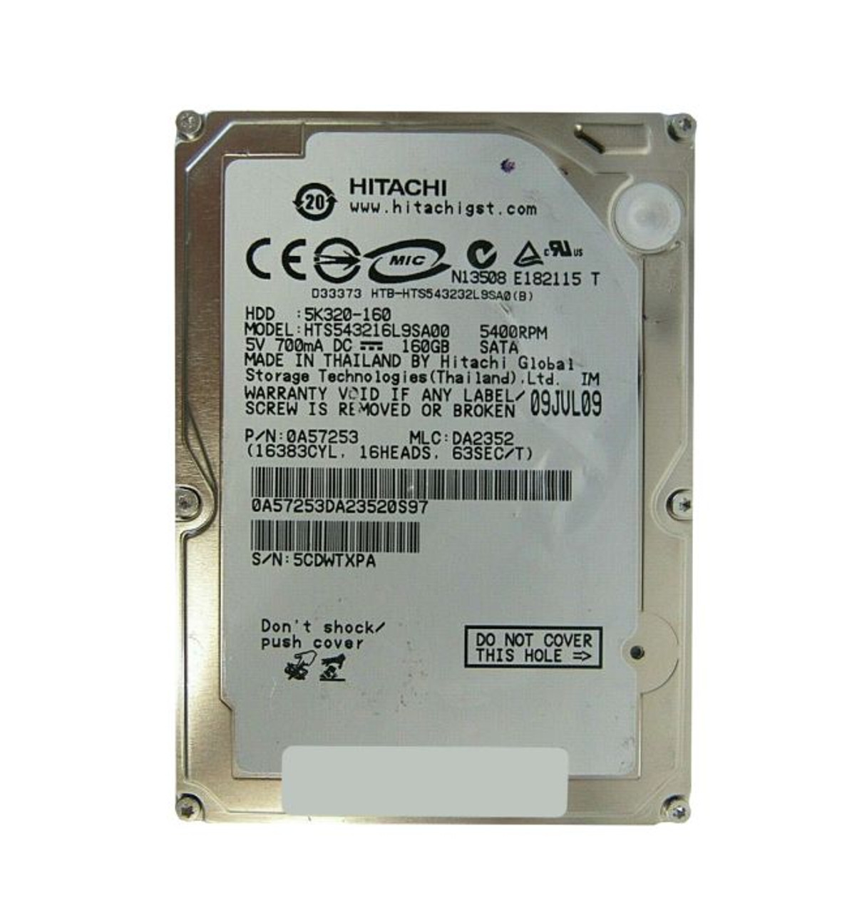 0A57253 | Hitachi | Travelstar 5K500.B 160GB 5400RPM SATA 3GB/s 8MB Cache 2.5-inch Hard Drive