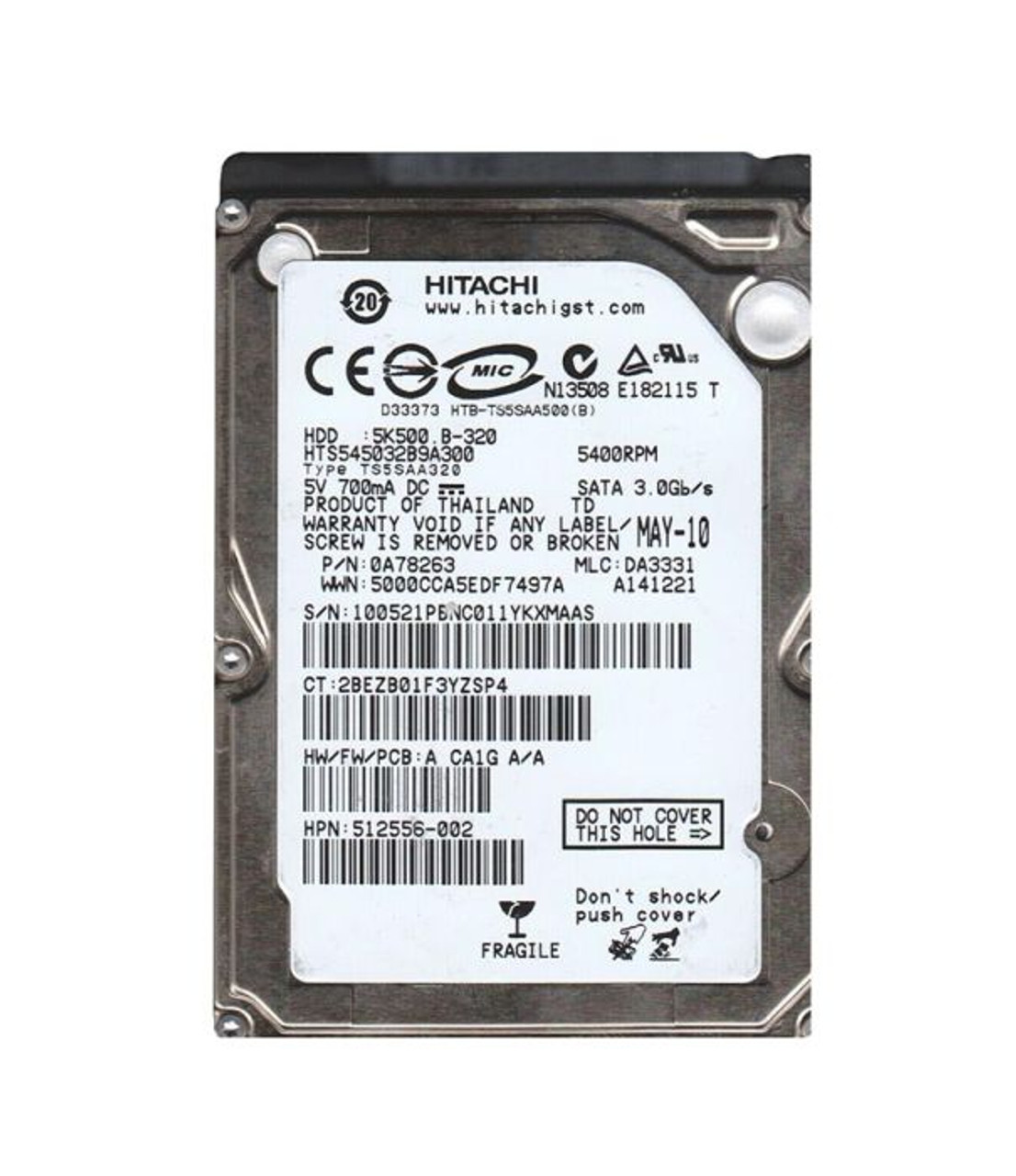 0A78263 | HITACHI | TRAVELSTAR 5K500.B SERIES 320GB 5400RPM SATA 3GB/S 8MB CACHE 2.5-INCH HARD DRIVE