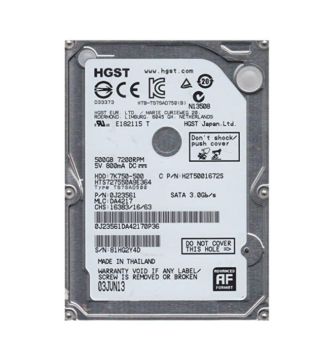 HTS727550A9E364 | HGST | Travelstar 7K750 Series 500Gb 7200Rpm Sata 3Gb/S 16Mb Cache 512E 2.5-Inch Hard Drive