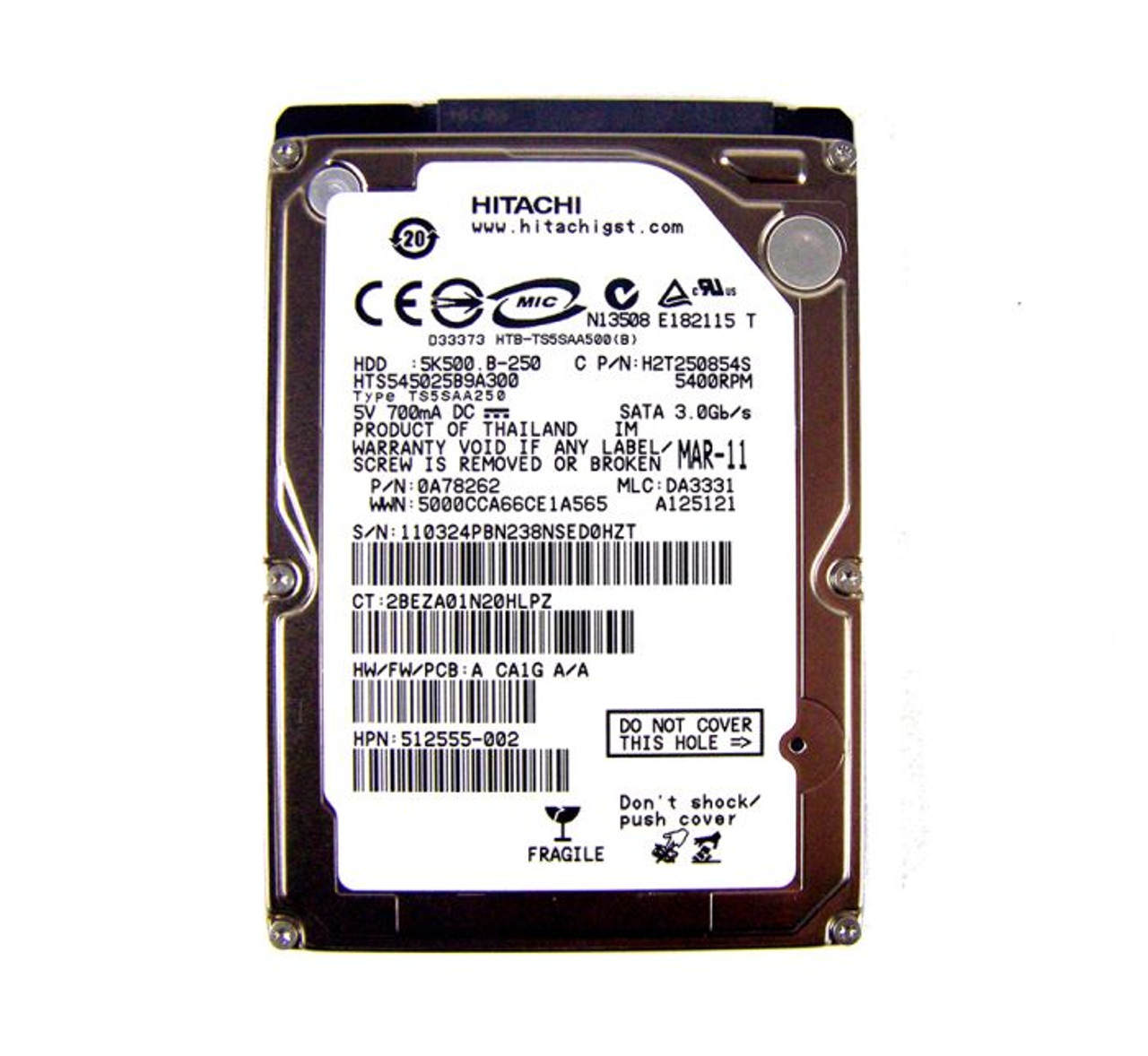 0A78262 | HITACHI | TRAVELSTAR 5K500.B SERIES 250GB 5400RPM SATA 3GB/S 8MB CACHE 2.5-INCH HARD DRIVE