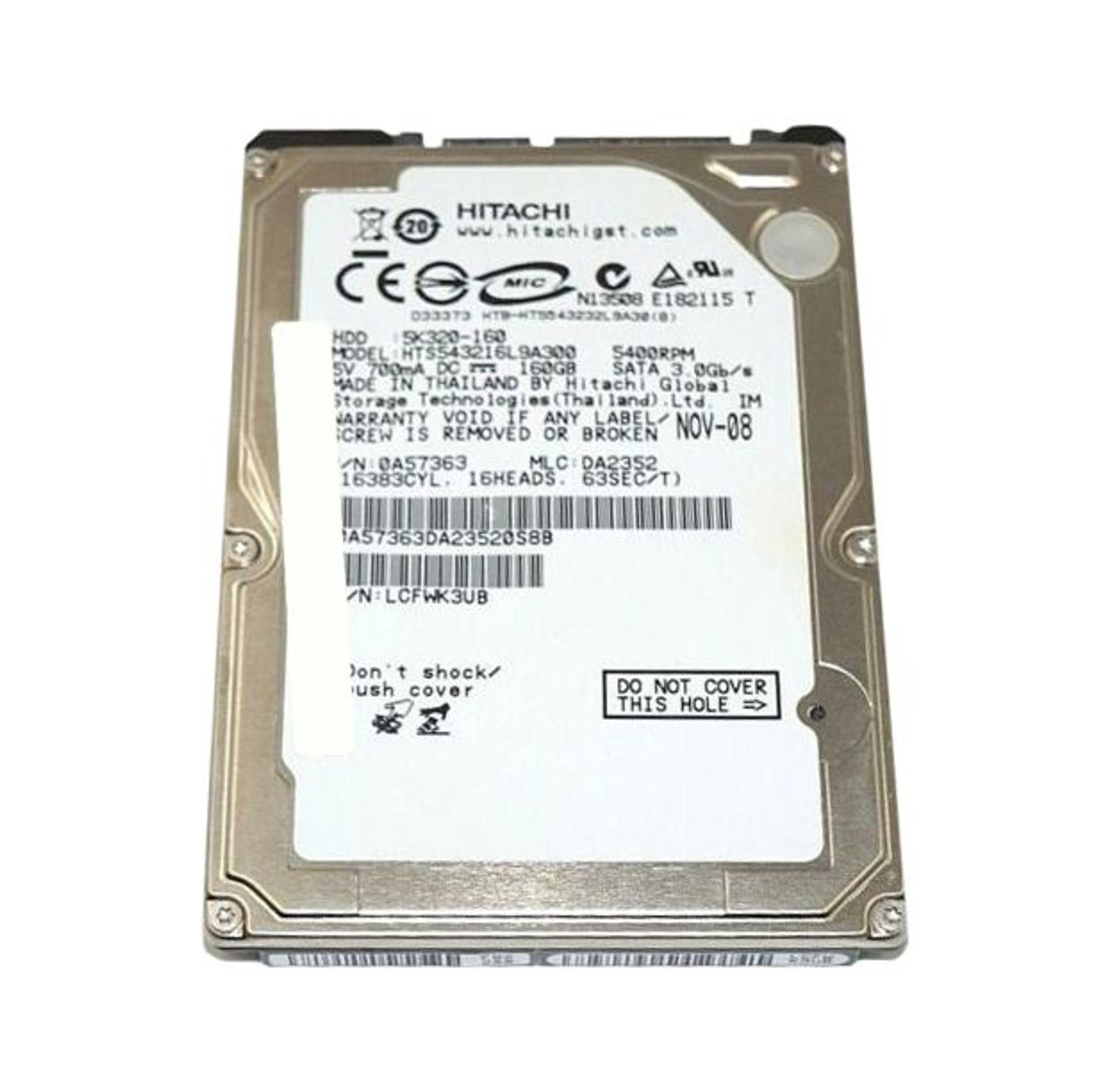 0A57363 | HITACHI | TRAVELSTAR 5K320 SERIES 160GB 5400RPM SATA 3GB/S 8MB CACHE (512) 2.5-INCH HARD DRIVE