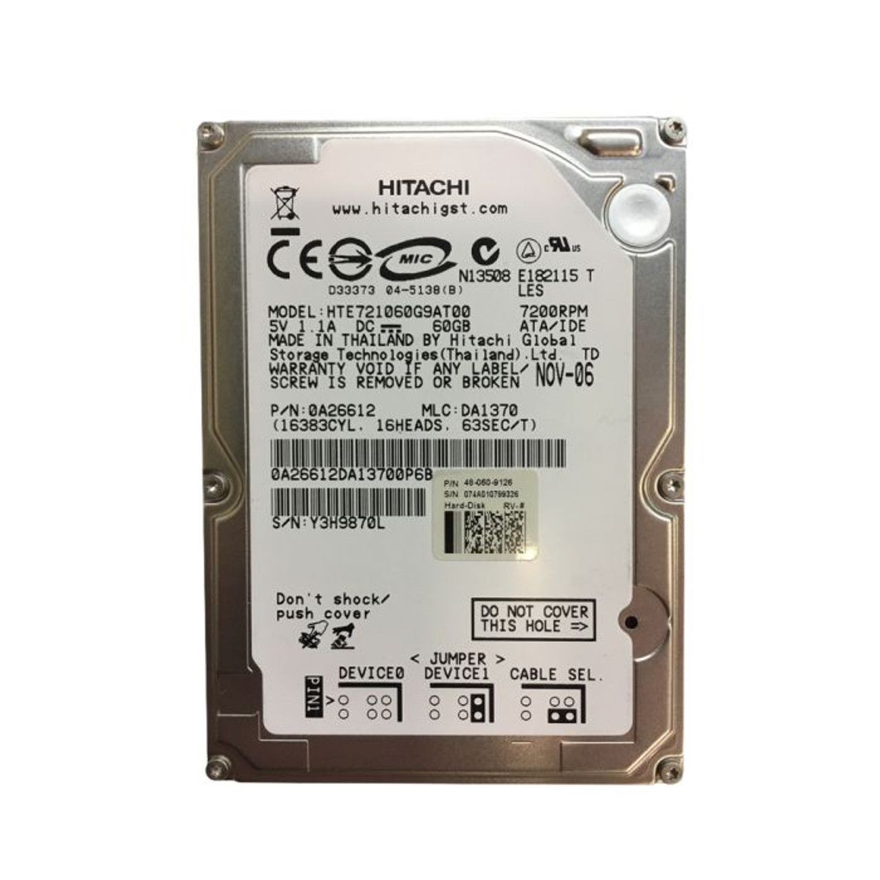0A26612 | HITACHI | TRAVELSTAR E7K100 SERIES 60GB 7200RPM IDE ULTRA ATA/100 (ATA-6) 8MB CACHE 512E 2.5-INCH HARD DRIVE