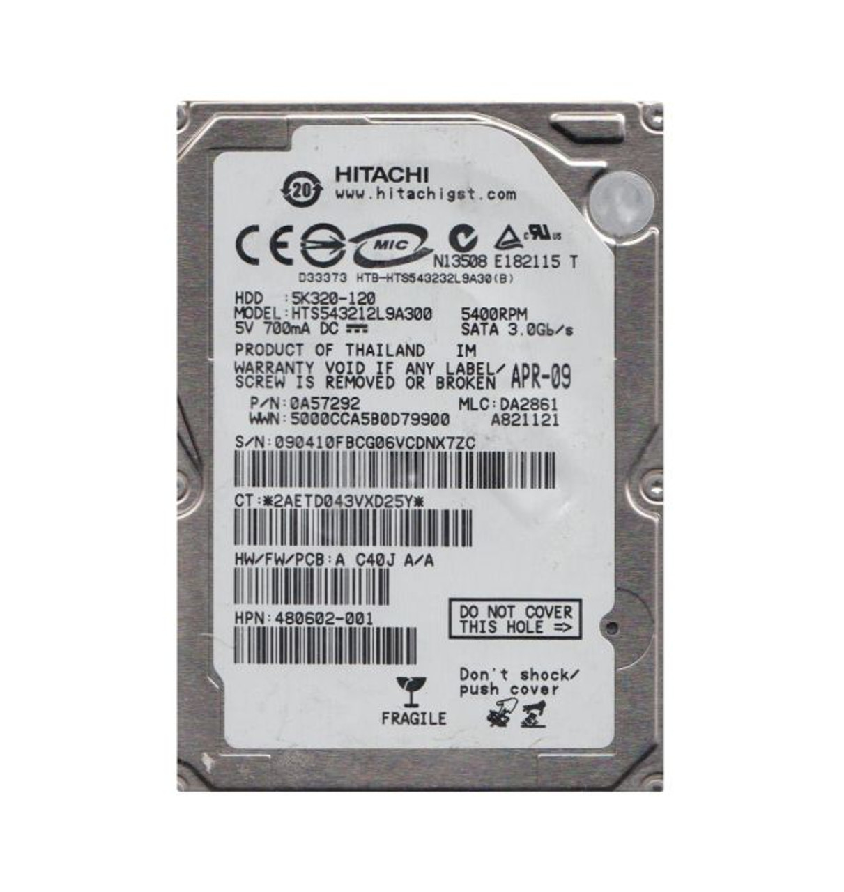 HTS543212L9A300 | HITACHI | TRAVELSTAR 5K320 SERIES 120GB 5400RPM SATA 3GB/S 8MB CACHE (512) 7-PIN 2.5-INCH HARD DRIVE