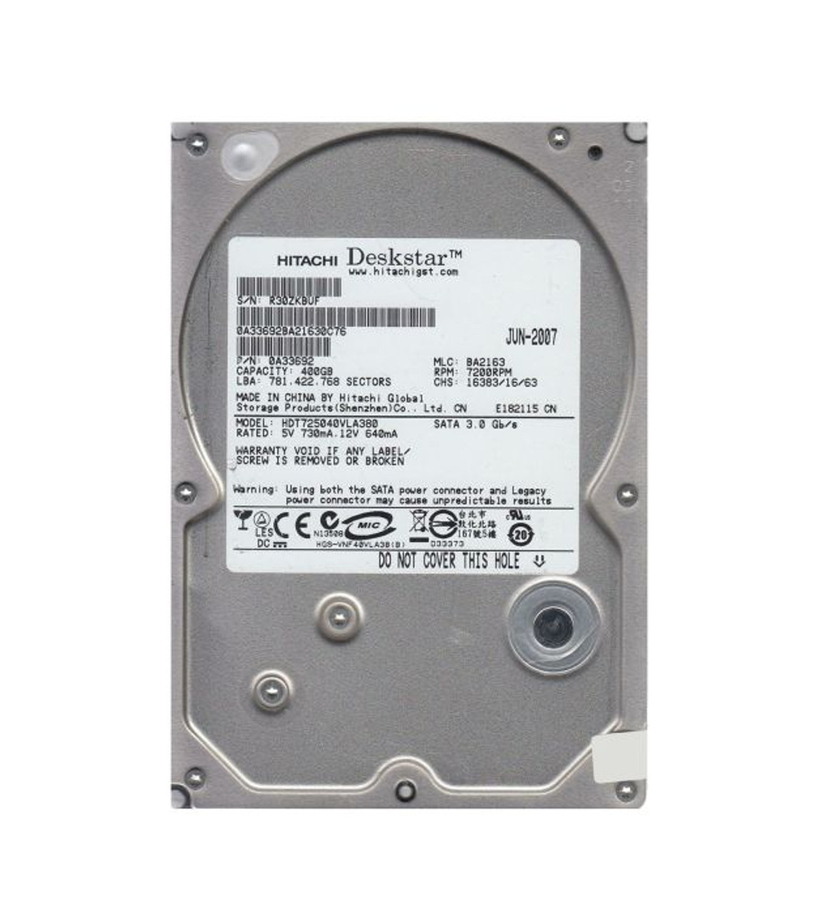 HDT725040VLA380 | HITACHI | DESKSTAR T7K500 SERIES 400GB 7200RPM SATA 3GB/S 8MB CACHE 3.5-INCH HARD DRIVE