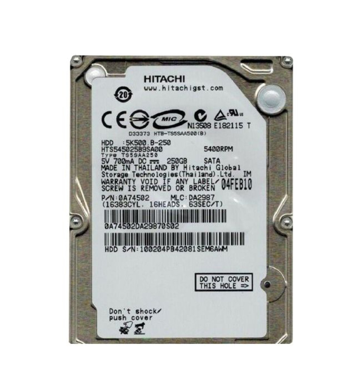 0A74502 | HITACHI | TRAVELSTAR 5K500.B SERIES 250GB 5400RPM SATA 1.5GB/S 8MB CACHE 2.5-INCH HARD DRIVE