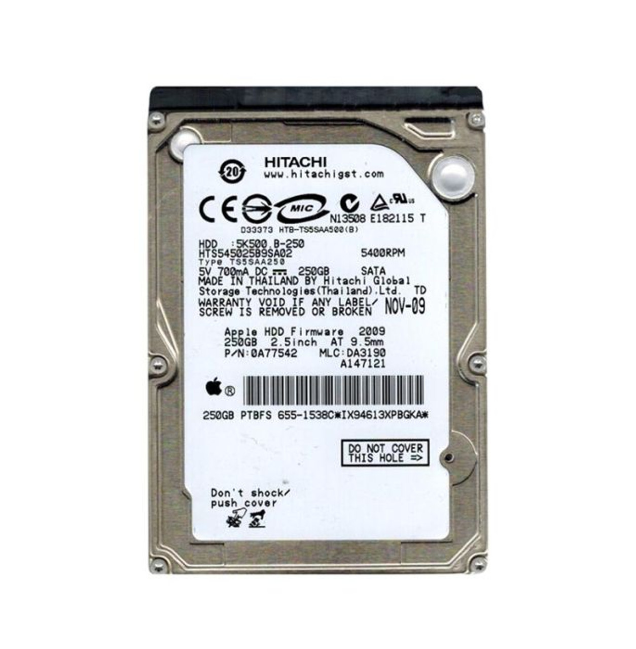 0A77542 | HITACHI | TRAVELSTAR 5K500.B SERIES 250GB 5400RPM SATA 1.5GB/S 8MB CACHE 2.5-INCH HARD DRIVE