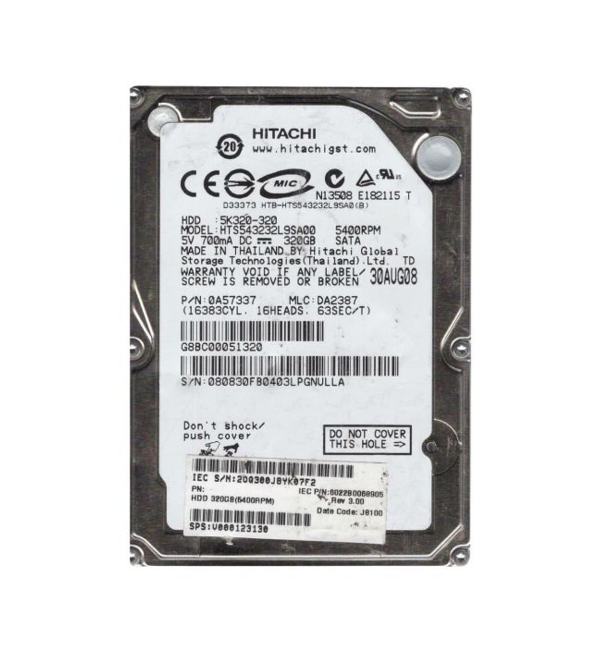 0A57337 | HITACHI | TRAVELSTAR 5K320 SERIES 320GB 5400RPM SATA 1.5GB/S 8MB CACHE (512) 2.5-INCH HARD DRIVE