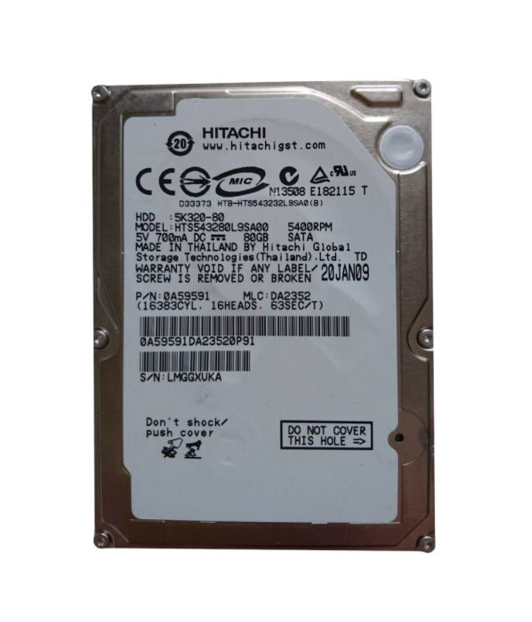 0A59591 | HITACHI | TRAVELSTAR 5K320 SERIES 80GB 5400RPM SATA 1.5GB/S 8MB CACHE (512) 7-PIN 2.5-INCH HARD DRIVE