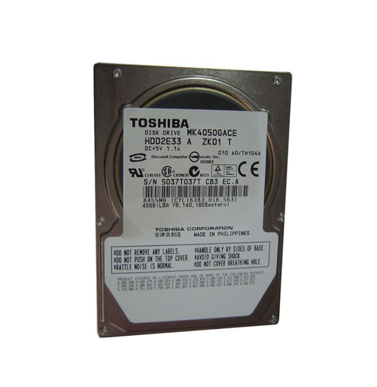 MK4050GACE | TOSHIBA | 40GB 4200RPM IDE ULTRA ATA/100 (ATA-6) 8MB CACHE 2.5-INCH HARD DRIVE
