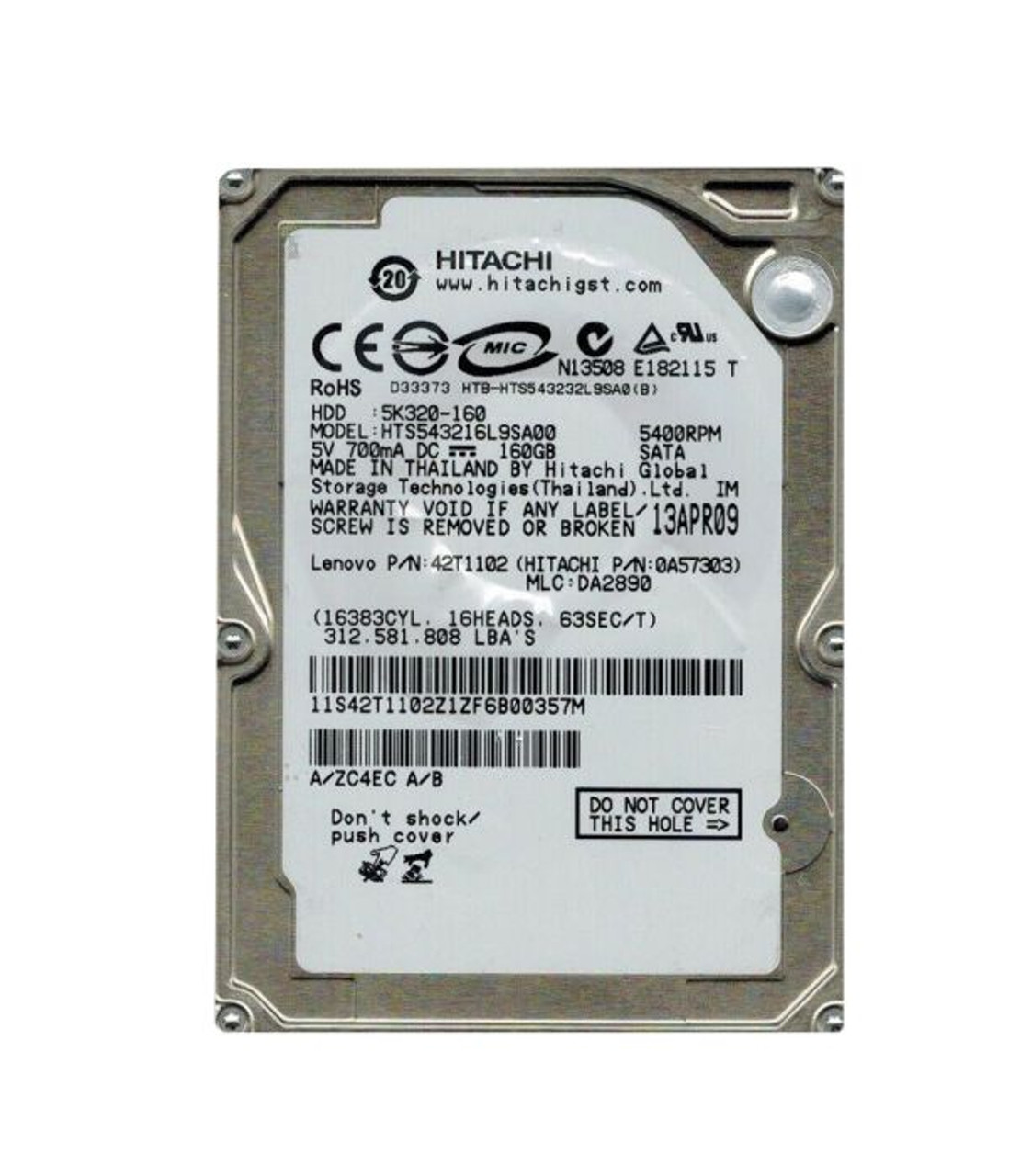 0A57303 | HITACHI | TRAVELSTAR 5K320 SERIES 160GB 5400RPM SATA 1.5GB/S 8MB CACHE (512) 2.5-INCH HARD DRIVE