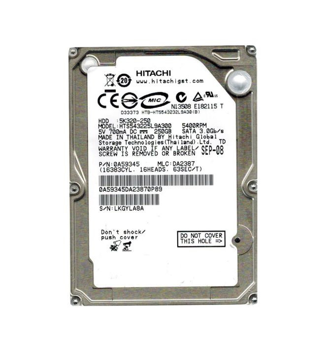 0A59345 | HITACHI | TRAVELSTAR 5K320 SERIES 250GB 5400RPM SATA 3GB/S 8MB CACHE (512) 2.5-INCH HARD DRIVE