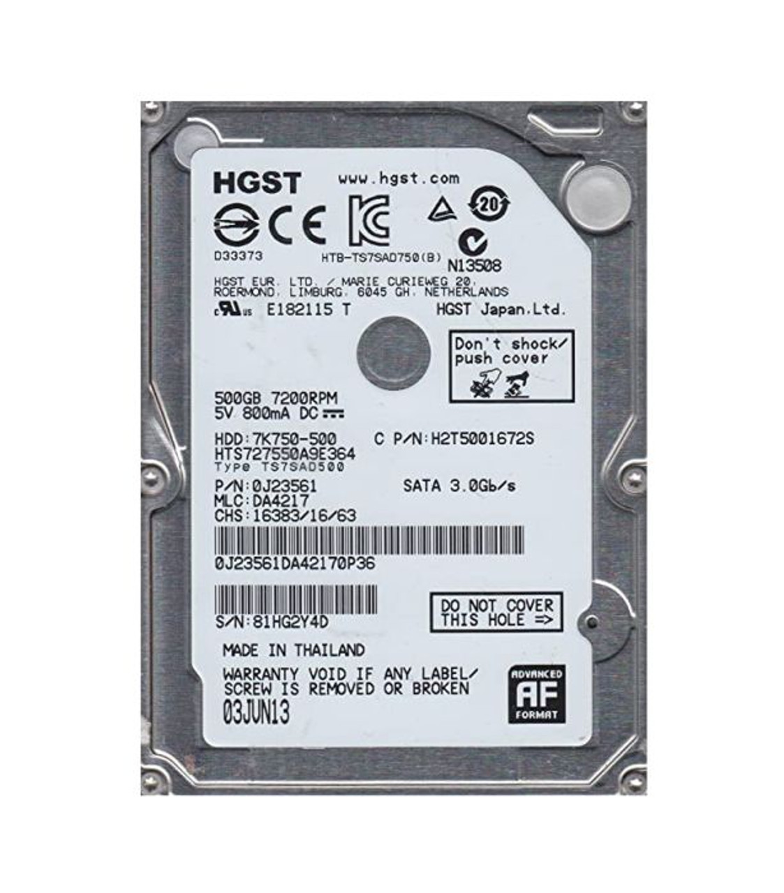 0J23561 | HGST | TRAVELSTAR 7K750 SERIES 500GB 7200RPM SATA 3GB/S 16MB CACHE 512E 2.5-INCH HARD DRIVE