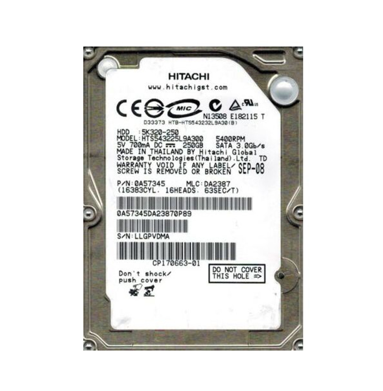 0A57345 | HITACHI | TRAVELSTAR 5K320 SERIES 250GB 5400RPM SATA 3GB/S 8MB CACHE (512) 2.5-INCH HARD DRIVE