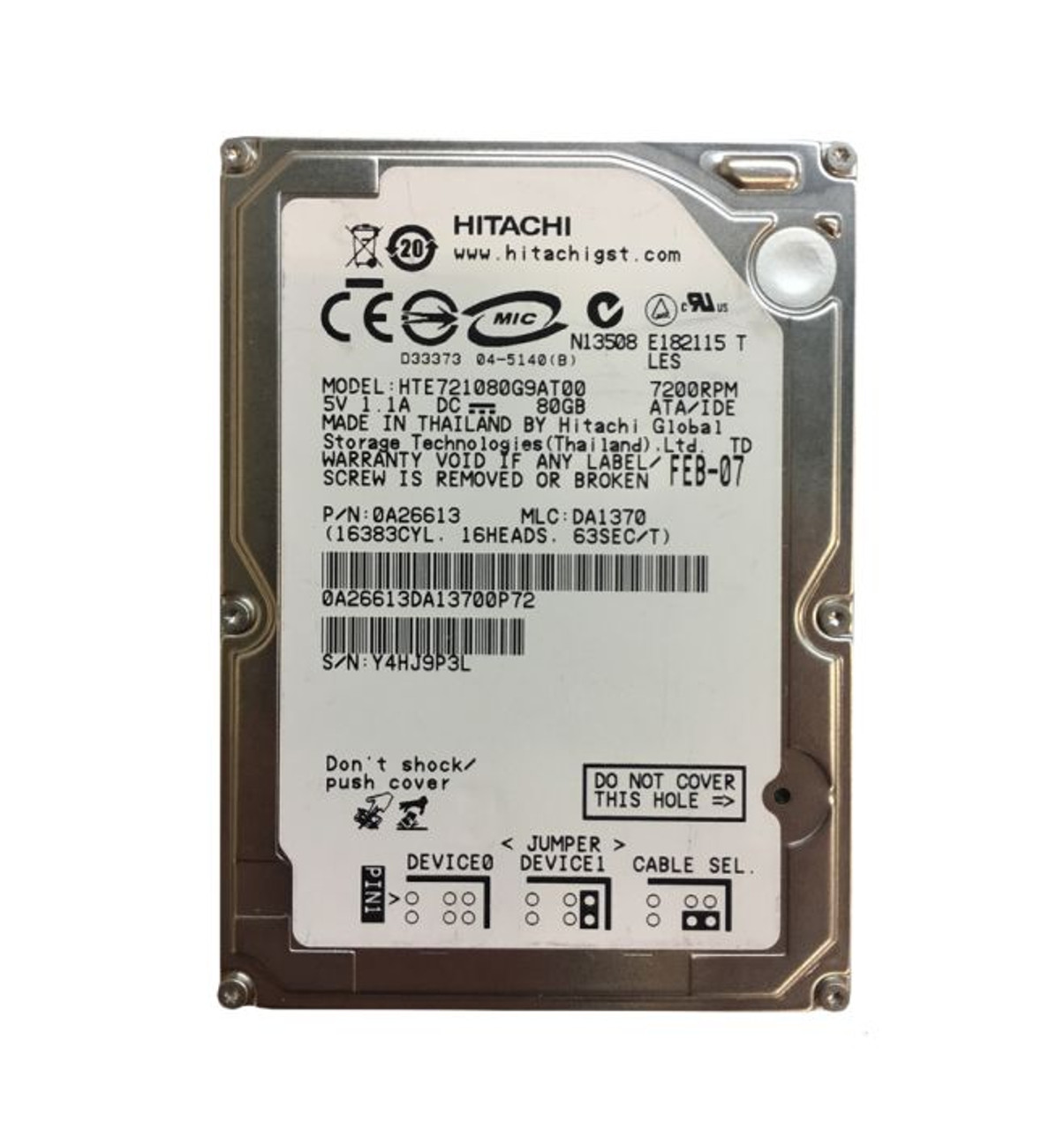 0A26613 | HITACHI | TRAVELSTAR E7K100 SERIES 80GB 7200RPM IDE ULTRA ATA/100 (ATA-6) 8MB CACHE 512E 2.5-INCH HARD DRIVE