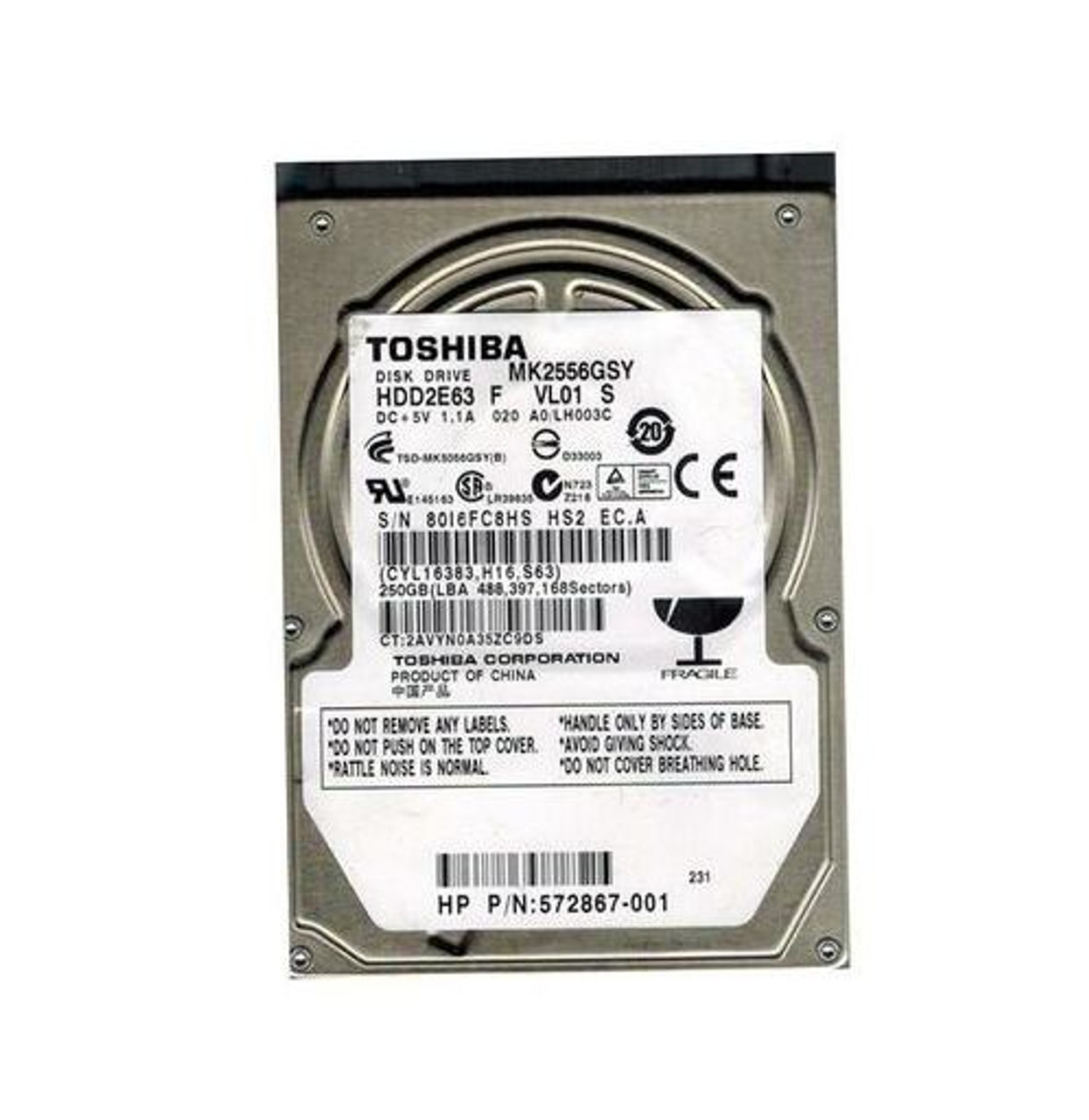 HDD2E63F | TOSHIBA | 250GB 7200RPM SATA 3GB/S 16MB CACHE 2.5-INCH HARD DRIVE