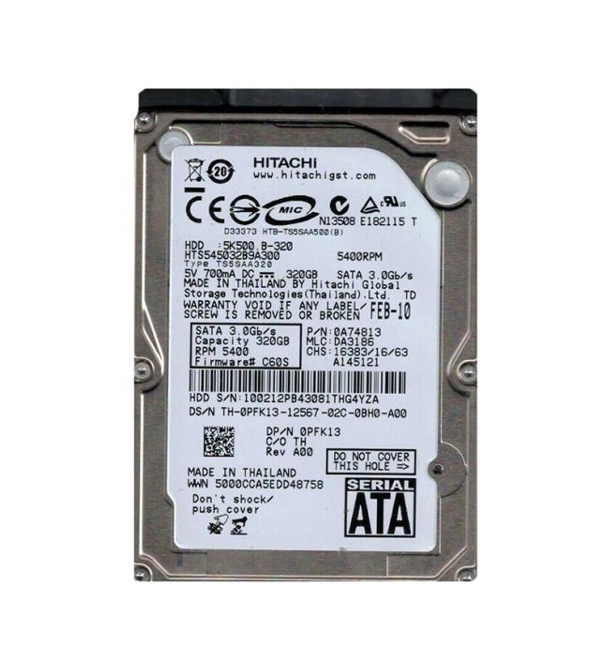 0A74813 | HITACHI | TRAVELSTAR 5K500.B SERIES 320GB 5400RPM SATA 3GB/S 8MB CACHE 2.5-INCH HARD DRIVE