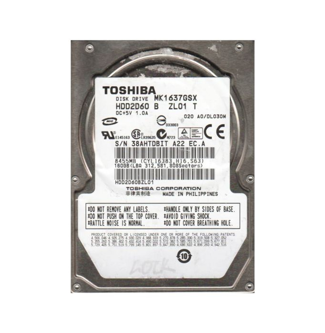 HDD2D60B | TOSHIBA | 160GB 5400RPM SATA 3GB/S 8MB CACHE 2.5-INCH HARD DRIVE