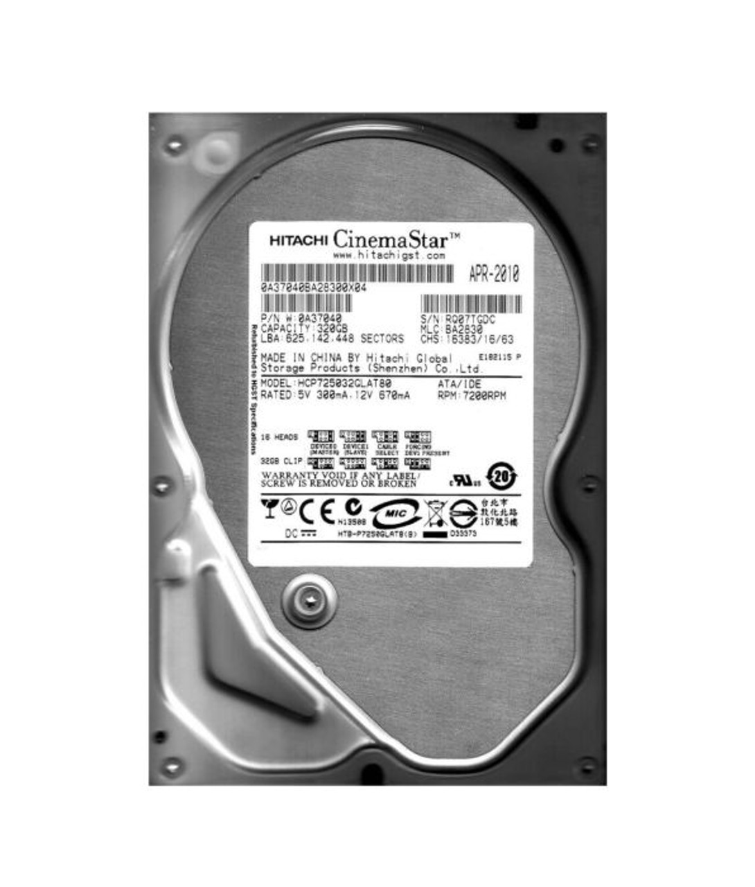 HCP725032GLAT80 | HITACHI | CINEMASTAR P7K500 SERIES 320GB 7200RPM IDE ULTRA ATA/133 (ATA-7) 8MB CACHE 3.5-INCH HARD DRIVE