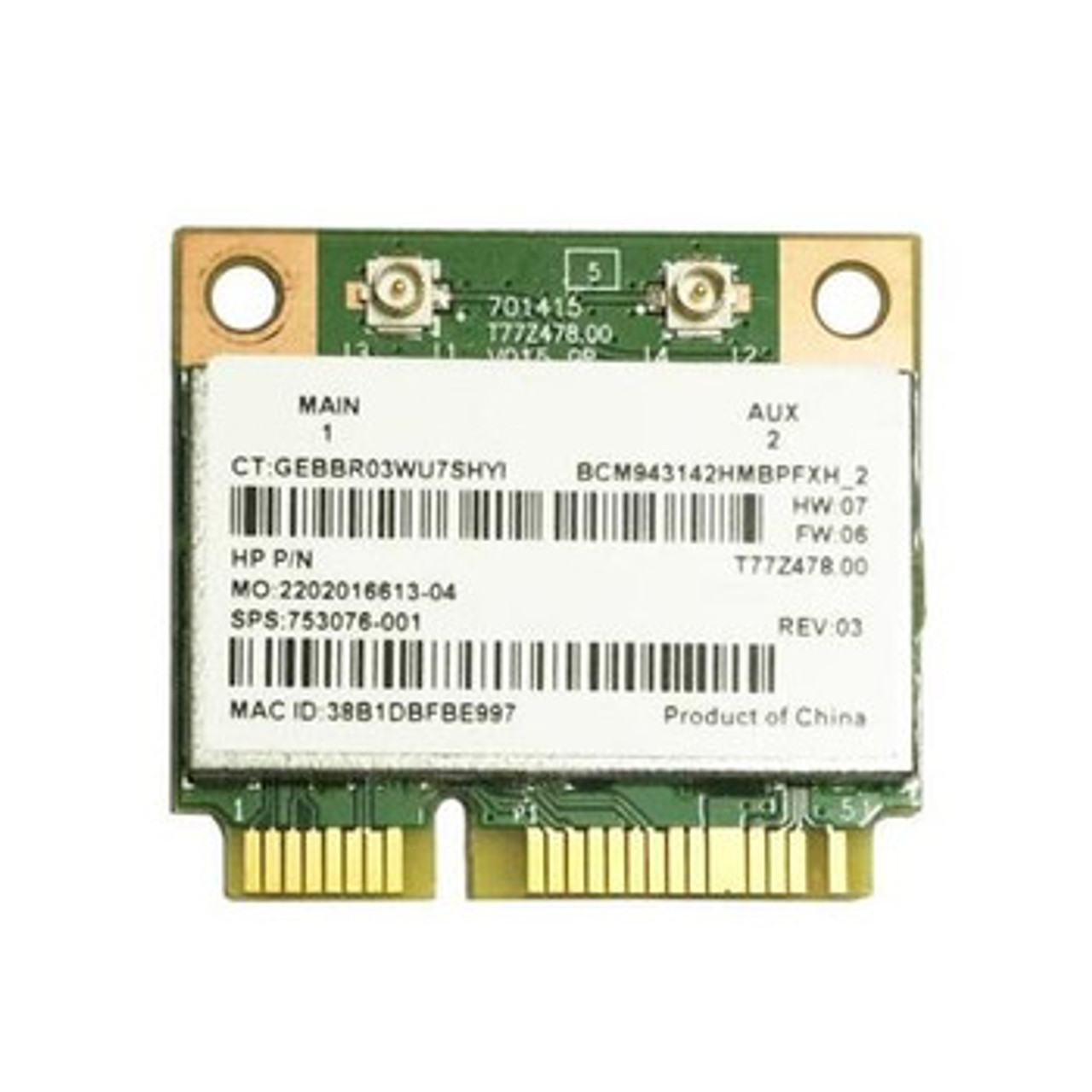 753076-001 | Hp | Dual-Band 150Mbps 2.4Ghz Ieee 802.11A/B/G/N Bluetooth 4.0 Mini Pci Express Wireless Network Card