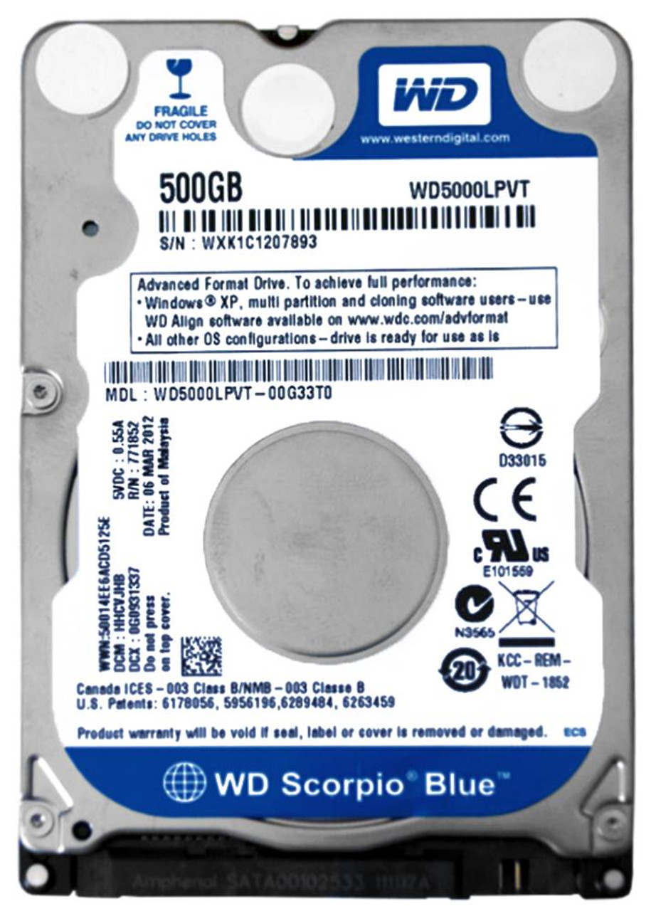 WD5000LPVT | Western Digital | Scorpio Blue 500Gb 5400Rpm Sata 3Gbps 8Mb Cache 2.5-Inch Internal Hard Drive