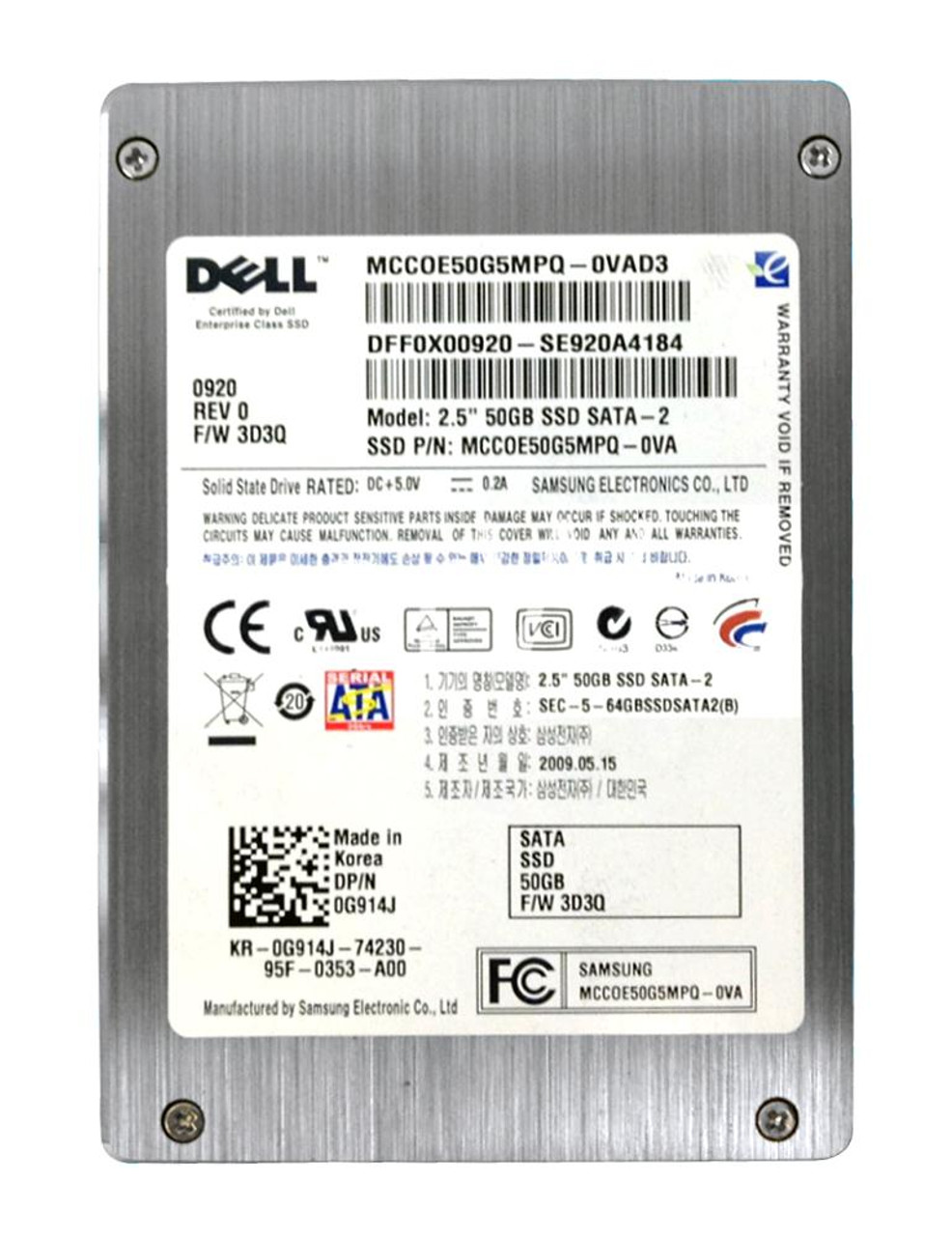 G914J | Dell | 50Gb Slc Sata 3Gbps 2.5-Inch Internal Solid State Drive (Ssd)