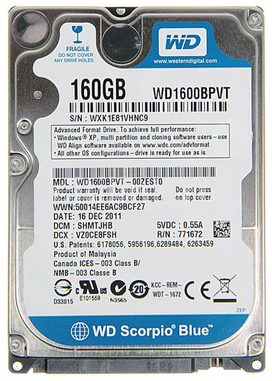WD1600BPVT | Western Digital | Scorpio Blue 160Gb 5400Rpm Sata 3Gbps 8Mb Cache 2.5-Inch Internal Hard Drive