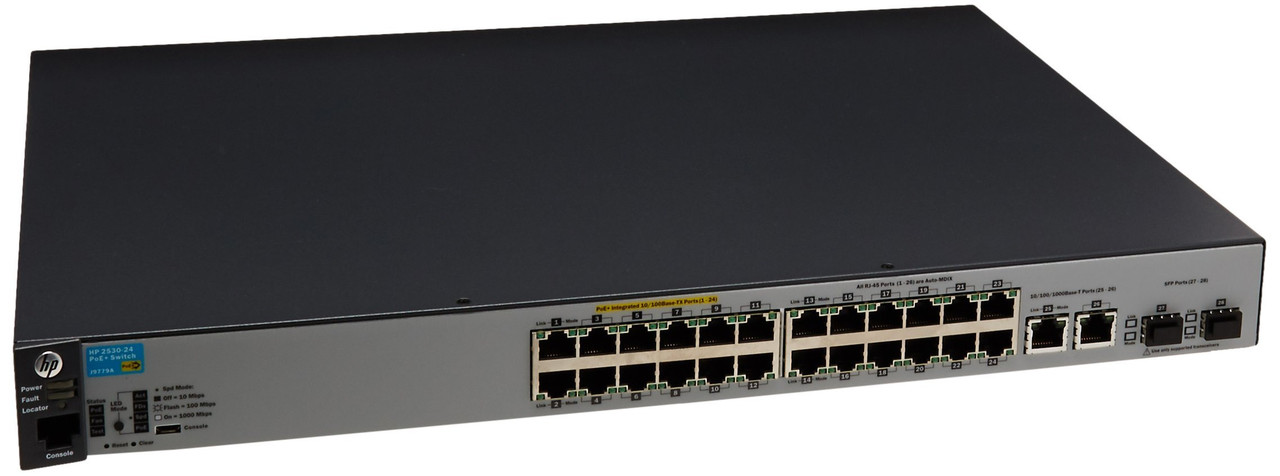 J9779A#0D1 | HP | Aruba 2530-24-PoE+ 24-Port 24 x 10/100Base-TX + 2 x 10/100/1000Base-T + 2 x SFP (mini GBIC) Fast Ethernet Managed Switch