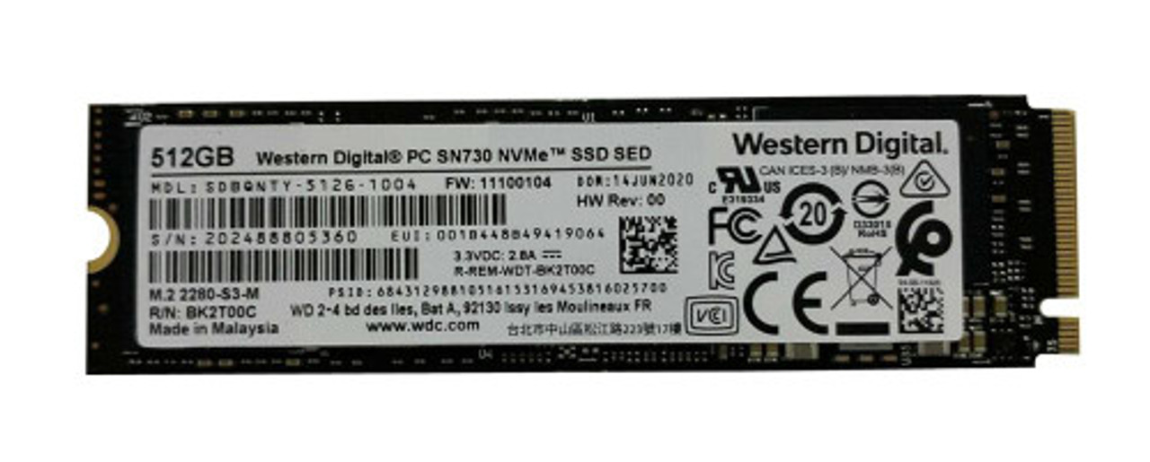 SDBQNTY-512G-1004 | Western Digital | SN730 Series 512GB TLC PCI Express 3.0 x4 NVMe (AES-512 / TCG Opal 2.01) M.2 2280 Internal Solid State Drive (SSD)