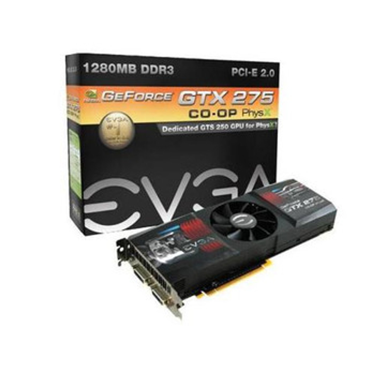 012-P3-1178-TR | EVGA | GeForce GTX 275 CO-OP PhysX Edition 1280MB DDR3 448+192-bit Dual DVI PCI Express 2.0 x16 Video Graphics Card