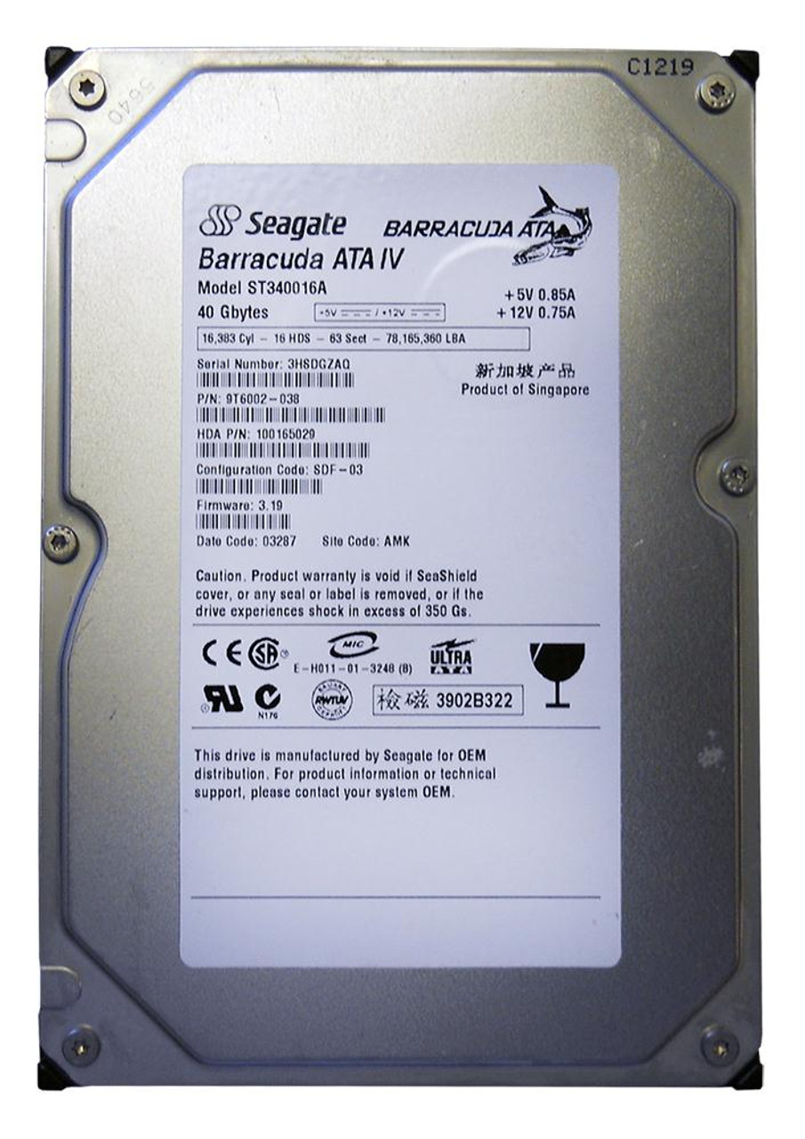ST340016A | Seagate | BarraCuda 40GB 7200RPM ATA-100 2MB Cache 3.5-inch Hard Drive