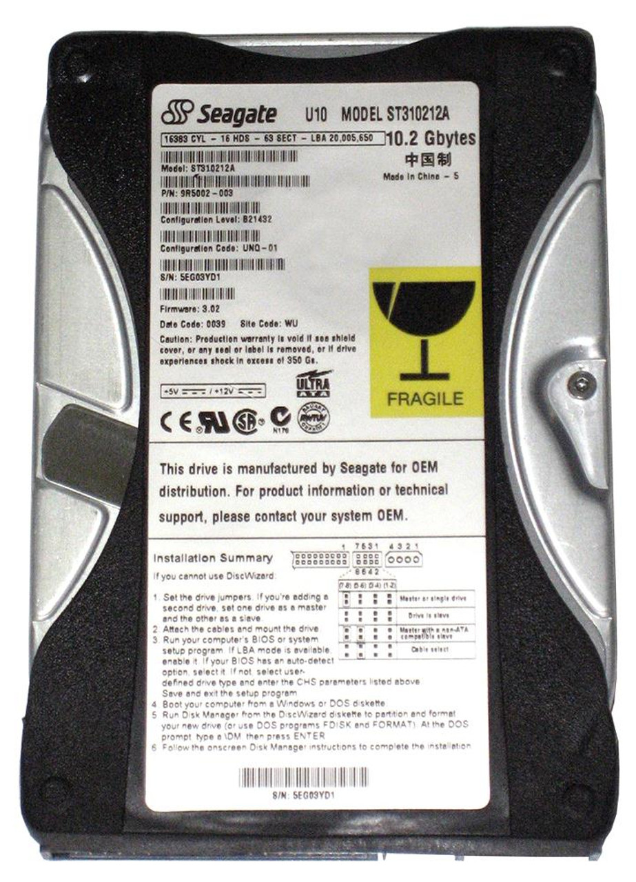 ST310212A | Seagate | U10 10.2GB 5400RPM ATA-66 512KB Cache 3.5-inch Hard Drive