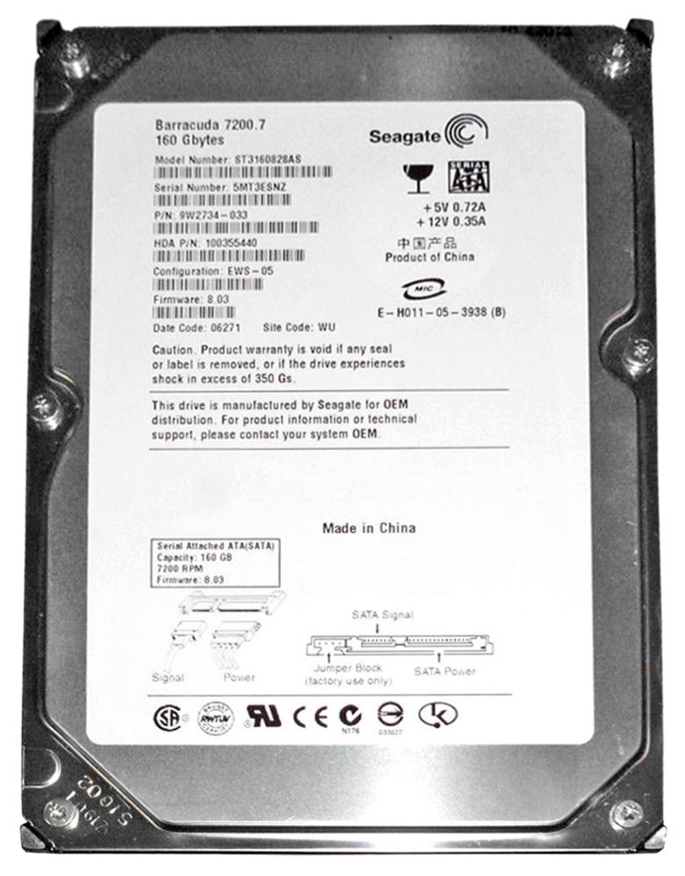 ST3160828AS | Seagate | BarraCuda 160GB 7200RPM SATA 8MB Cache 3.5-inch Hard Drive