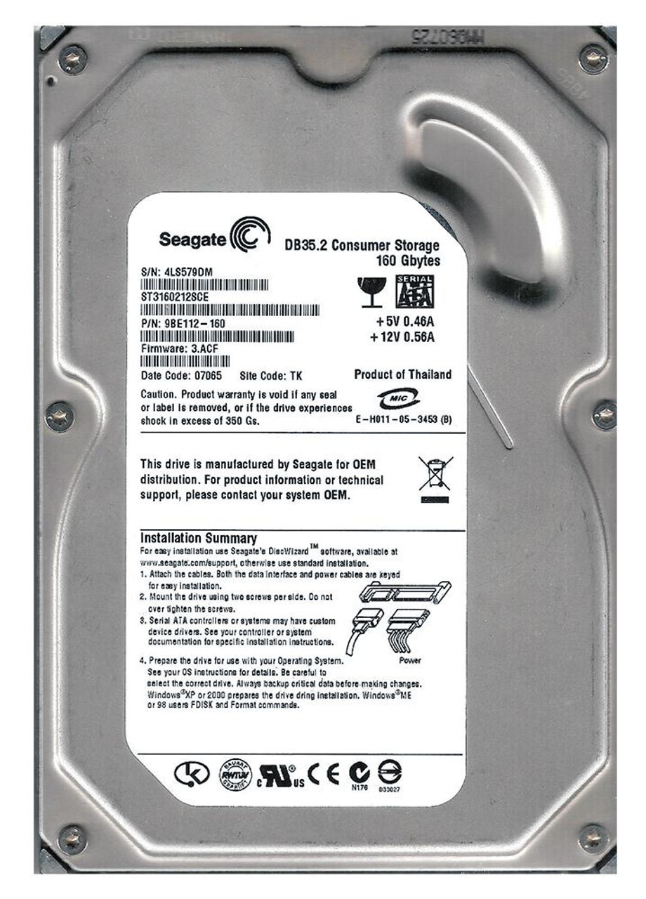 9BE112-160 | Seagate | DB35 Series 160GB 7200RPM SATA 3GB/s 2MB Cache 3.5-inch Hard Drive
