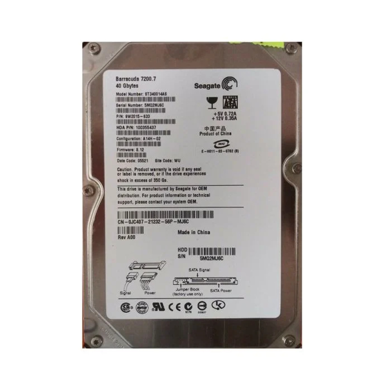 9W2015-633 | Seagate | 40GB 7200RPM SATA 1.5GB/s 2MB Cache 3.5-inch Hard Drive